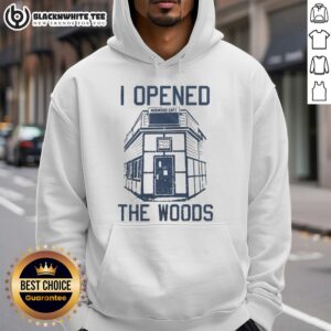 Top I Opened The Woods Hoodie in a cozy forest setting, perfect for outdoor adventures and nature lovers.