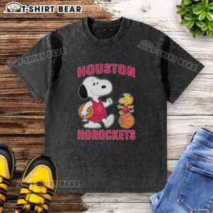 Alt Text: Good Snoopy and Woodstock Houston Rockets basketball washed t-shirt featuring vibrant graphics and comfortable fit.