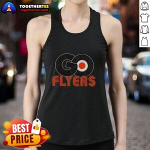 Philadelphia Flyers ice hockey logo tank top featuring 'Let's Go Flyers' design for fans and sports enthusiasts.