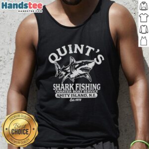 Alt Text: Premium Quints shark fishing charter boat service on Amity Island, featuring a Great White Shark tank top, est. 1975.