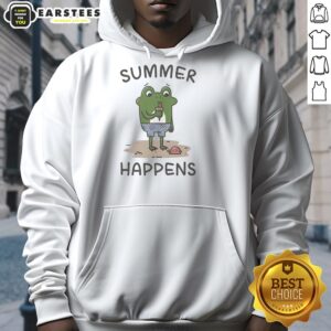 Adorable frog enjoying an ice cream cone while wearing a Nice Summer Happens hoodie, perfect for summer vibes.