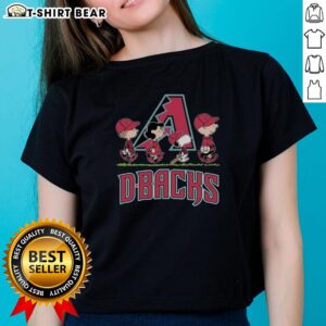 Snoopy, Charlie Brown, Linus, and Lucy in Arizona Diamondbacks baseball jerseys, showcasing a fun ladies tee design.