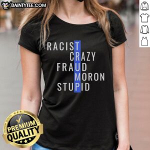Funny ladies' tee featuring the phrase 'Nice Trump Racist Crazy Fraud Moron Stupid' for humorous political commentary.