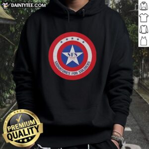 Alt Text: Premium Signatures for Soldiers SFS Captain America Shield Retro Hoodie featuring unique designs and vibrant colors.
