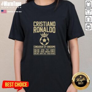 Official Cristiano Ronaldo Al Nassr Saudi Champion Legacy ladies tee featuring bold graphics and vibrant team colors.