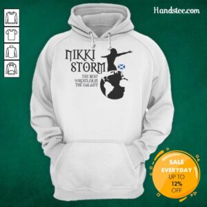Cozy 'Nice Best in the Galaxy Nikki Storm Scotland and Planet Storm' hoodie displayed on a mannequin against a colorful backdrop.