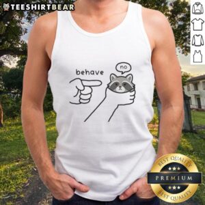 Whimsical sketch of a rebellious raccoon with the text 'Good Behave No' on a meme-inspired tank top design.