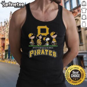 Good Snoopy, Charlie Brown, Linus, and Lucy in Pittsburgh Pirates baseball jerseys and tank tops, celebrating baseball fun.