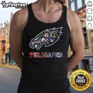 Stylish Philadelphia Eagles NFL tank top featuring a collage of Philadelphia sports team logos.