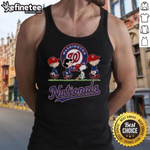 Snoopy, Charlie Brown, Linus, and Lucy wearing Washington Nationals baseball jersey tank tops, celebrating together.