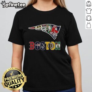 Collage of New England Patriots and Boston sports teams logos on a ladies tee, perfect for NFL fans and fashion enthusiasts.