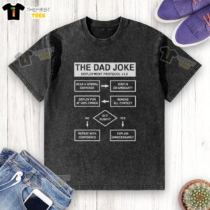 Alt Text: Original Dad Jokes Deployment Protocol on a washed t-shirt, showcasing fun and humor for dads.