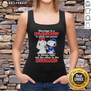 Funny marriage joke tank top featuring Snoopy: 'In every couple, one is always right' - perfect for wedding celebrations.
