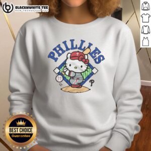 Alt Text: Cute Hello Kitty x Philadelphia Phillies swing sweatshirt featuring vibrant colors and playful design. Perfect for fans!
