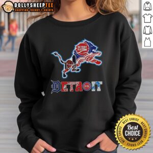 Hot Detroit Lions NFL collage logo sweatshirt featuring iconic Detroit sports team designs and vibrant colors.