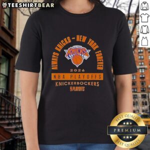 Alt Text: Hot Always Knicks New York Forever 2026 NBA Playoffs Knickerbockers Ladies Tee in vibrant blue and orange design.