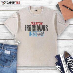 Alt Text: Official Trenton Ironhawks Est 2026 logo on a washed t-shirt, perfect for fans and casual wear.