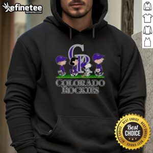 Snoopy, Charlie Brown, Linus, and Lucy in Colorado Rockies baseball jersey hoodies, showcasing team spirit and friendship.