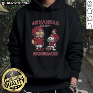 Good Charlie Brown and Snoopy X Arkansas Razorbacks NCAA Football Est 1894 hoodie featuring vibrant graphics.