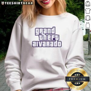 Official Grand Theft Alvarado logo text sweatshirt featuring bold graphics and stylish design for fans.