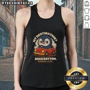 Alt Text: Cute penguin tank top with 'Rock Bottom: Too Broke for a U-Turn' slogan, perfect for casual summer outfits.
