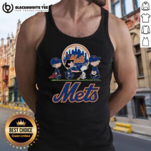 Cute Snoopy, Charlie Brown, Linus, and Lucy wearing New York Mets baseball jersey tank tops, cheerful and playful.