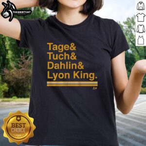 Buffalo Hockey ladies tee featuring ampersand design with Tage Thompson, Rasmus Dahlin, and goaltender Lyle King.