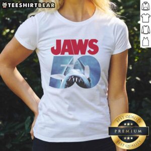 Original 50th Anniversary Jaws Ladies Tee featuring classic shark graphics, perfect for fans of the iconic movie.