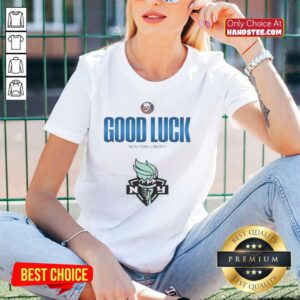 Alt Text: Official New York Islanders Good Luck New York Liberty Ladies Tee featuring team colors and logo design.