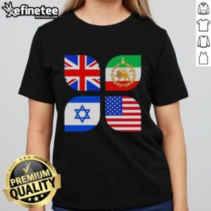 Premium Union Jack, Iran, Israel, and USA flag ladies tee showcasing a stylish and unique design for patriotic women.