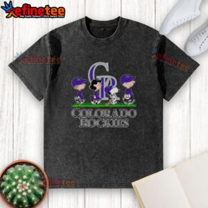 Snoopy, Charlie Brown, Linus, and Lucy in Colorado Rockies baseball jerseys on a washed t-shirt design.