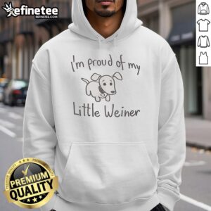 Cute dachshund wearing a Proud of My Little Wiener hoodie, showcasing its playful personality and adorable features.