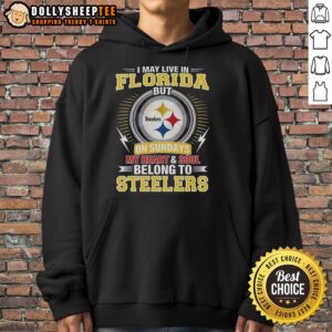 Official Pittsburgh Steelers NFL hoodie saying 'I May Live In Florida On Sundays, My Heart Belongs To Steelers'