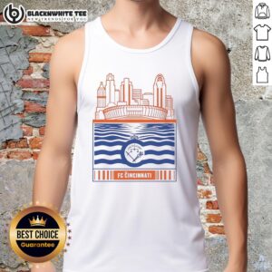 Retro tank top featuring Nice FC Cincinnati city skyline stadium with river and logo design, perfect for sports fans.