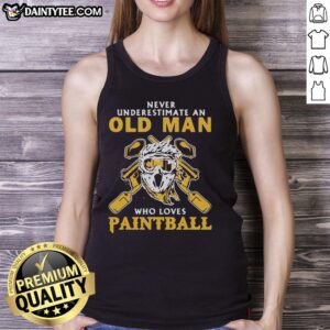 Cool tank top featuring 'Never Underestimate An Old Man Who Loves Paintball' slogan, perfect for paintball enthusiasts.