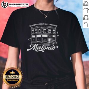 Delicious burgers at Malone's Building in Hastings, featuring a ladies' tee showcasing the best burgers.