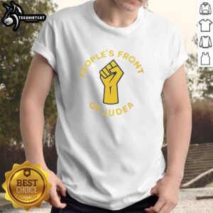Original Peoples Front Of Judea raised fist t-shirt featuring bold design and vibrant colors, perfect for activism and supporters.