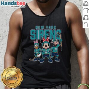 Alt Text: Cartoon team of Nice New York Sirens in ice hockey gear wearing a vibrant tank top, showcasing team spirit and style.