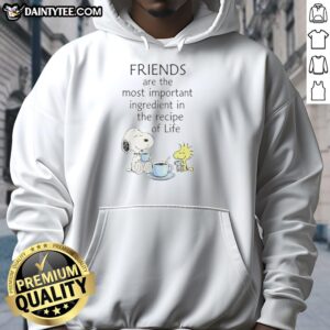 Alt Text: Cute cartoon hoodie featuring Snoopy and friends, highlighting the importance of friendship in the recipe of life.
