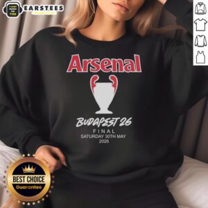 Alt Text: Arsenal FC Budapest 2026 UEFA Champions League Final sweatshirt featuring team logo and vibrant design.