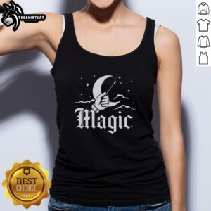 Original magic hand holding a wand in front of a crescent moon on a vintage tank top design.