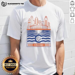 Retro T-Shirt featuring FC Cincinnati skyline stadium, river view, and logo design, perfect for soccer fans.