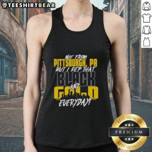 Alt Text: Premium Pittsburgh Steelers NFL tank top in black and gold, perfect for fans, even if not from Pittsburgh.