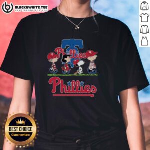 Alt Text: Cute Snoopy, Charlie Brown, Linus, and Lucy in Philadelphia Phillies baseball jerseys on a ladies' tee.