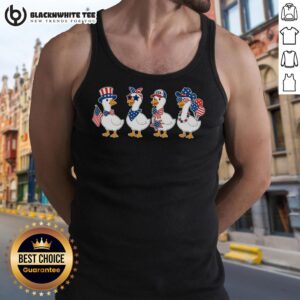 Patriotic goose group on a tank top for a festive Fourth of July celebration, showcasing vibrant red, white, and blue design.