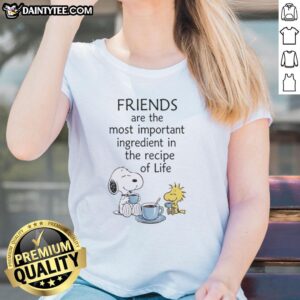Awesome Snoopy Friends Are The Most Important Ingredient in the Recipe of Life Ladies Tee featuring playful Snoopy design.
