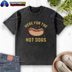 Top Here For The Hot Dogs washed t-shirt featuring a fun graphic, perfect for casual wear and hot dog lovers.