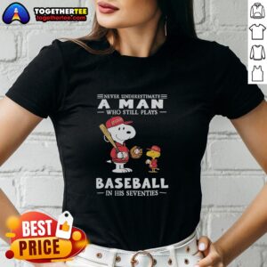 Alt Text: Nice The Peanuts X St. Louis Cardinals tee featuring 'Never Underestimate A Man Who Plays Baseball In His Seventies' slogan.