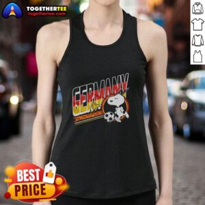 Top Peanuts Snoopy X Germany Soccer Tank Top featuring Snoopy in a soccer jersey, perfect for fans and summer wear.