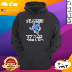 Cute hoodie featuring Stitch design with a humorous battery life quote about aging after 50.